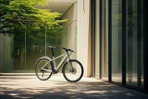 moderno elettrico bianca bicicletta nel davanti di il moderno ufficio bicchiere edificio su soleggiato autunno giorno. generativo ai foto