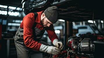 professionale meccanico Lavorando nel auto riparazione negozio. auto servizio e Manutenzione concetto. generativo ai foto