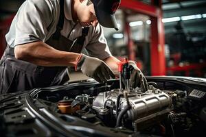 professionale meccanico Lavorando nel auto riparazione negozio. auto servizio e Manutenzione concetto. generativo ai foto