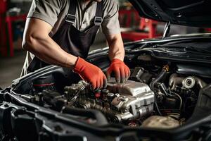 professionale meccanico Lavorando nel auto riparazione negozio. auto servizio e Manutenzione concetto. generativo ai foto