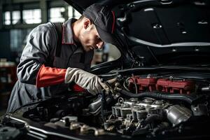 professionale meccanico Lavorando nel auto riparazione negozio. auto servizio e Manutenzione concetto. generativo ai foto