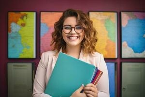 giovane più dimensione donna d'affari sorridente contento Tenere raccoglitore nel il ufficio. generativo ai foto