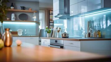 sfocato moderno cucina Visualizza. scandinavo cucina, minimalista design bianca accenti. ideale per Prodotto Schermo o design layout. generativo ai foto