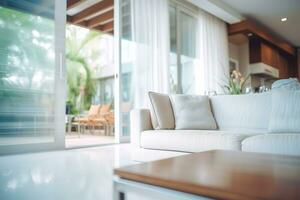 sfocato moderno vivente camera interno con elegante divano e di legno lampada per travolgente sfondi. generativo ai foto