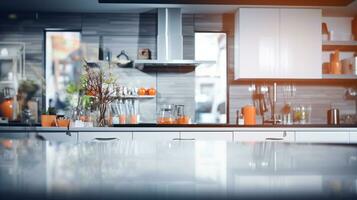 sfocato moderno cucina Visualizza. scandinavo cucina, minimalista design bianca accenti. ideale per Prodotto Schermo o design layout. generativo ai foto