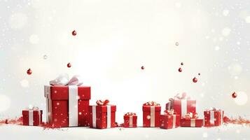 Natale presente Imballaggio con festivo i regali e utensili confine su bianca sfondo. nuovo anni arredamento, copia spazio. generativo ai foto