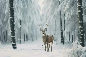 un' cervo sta nel davanti di un' neve coperto campo nel un' inverno foresta. generativo ai foto