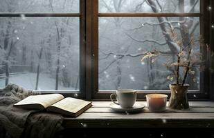 accogliente inverno scena. caffè, Aperto prenotare, e plaid su Vintage ▾ davanzale nel villetta, nevoso paesaggio con cumulo di neve fuori. generativo ai foto