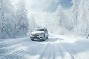 auto guida su neve coperto foresta strada nel inverno. generativo ai foto