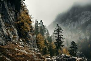 spaventoso autunno montagne coperto nel nebbia, la creazione di un' misterioso e misterioso atmosfera. generativo ai foto