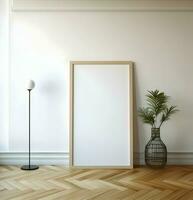 vuoto immagine telaio su parquet pavimento. minimalismo. ai generativo foto