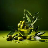 olive e oliva olio galleggiante su un' verde sfondo. alto qualità ai generativo foto