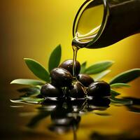 nero olive e oliva olio galleggiante su un' verde sfondo, alto qualità ai generativo foto