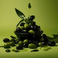 nero olive e oliva olio galleggiante su un' verde sfondo, alto qualità ai generativo foto