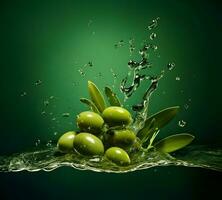 olive e oliva olio galleggiante su un' verde sfondo. alto qualità ai generativo foto