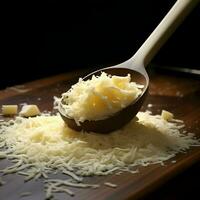 grattugiato formaggio su un' di legno cucchiaio. alto risoluzione. ai generativo foto