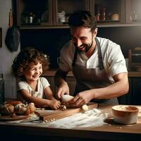 sorridente papà con un' 5 anni bambino cucinando su il bianca cucina. alta risoluzione. ai generativo foto
