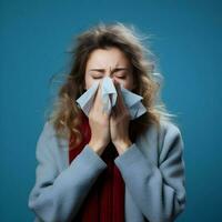 avvicinamento di donna soffiaggio naso su blu sfondo. alto qualità. ai generativo foto