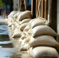 vicino tiro di alluvione protezione sacchi di sabbia. alto qualità. ai generativo foto