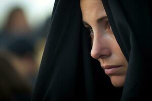 ritratto di un' triste donna con un' funerale mazzo di flowersai generato foto