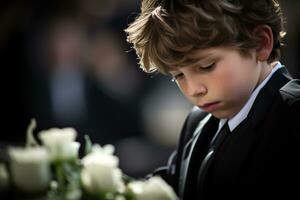 ritratto di un' ragazzo nel un' nero completo da uomo con un' funerale mazzo di fiori ai generato foto
