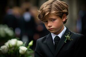 ritratto di un' ragazzo nel un' nero completo da uomo con un' funerale mazzo di fiori ai generato foto