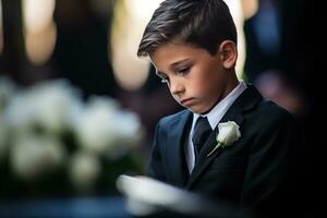 ritratto di un' ragazzo nel un' nero completo da uomo con un' funerale mazzo di fiori ai generato foto