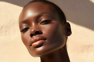 ritratto di un' bellissimo africano americano donna con buio pelle e naturale trucco ai generato foto