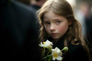 ritratto di un' triste poco ragazza su il sfondo di il folla.funerale concetto ai generato foto