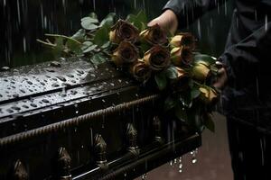 avvicinamento di un' funerale cofanetto a un' cimitero con fiori nel il pioggia, mano su il tomba nel il pioggia con buio sfondo e rosa ai generato foto