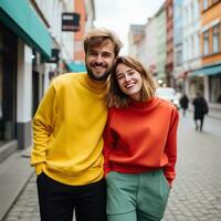 illustrazione di un' coppia moda ritratto con pianura maglione modello, ai. generativo foto