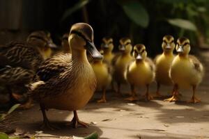 madre anatra con lotto di anatroccoli, ai generativo foto