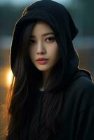 bellissimo asiatico ragazza indossare al di sopra di dimensione felpa con cappuccio nel casuale stile ai generativo foto