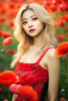 bellissimo asiatico ragazza con bionda capelli nel fiore giardino ai generativo foto