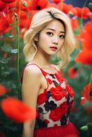 bellissimo asiatico ragazza con bionda capelli nel fiore giardino ai generativo foto