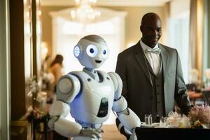 un' umano e un' robot butler.ai generativo foto