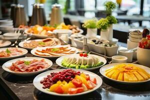 un' gustoso prima colazione buffet nel un' Hotel. foto