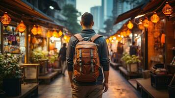 posteriore Visualizza di maschio turista a piedi nel asiatico strada. ai generato foto