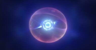 astratto viola energia sfera con volante raggiante luminosa particelle, scienza futuristico atomo con elettroni hi-tech sfondo foto