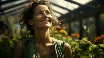 bellissimo giovane donna nel un' serra o conservatorio con verde impianti. concetto agricoltura naturale eco l'ambiente amichevole prodotti foto