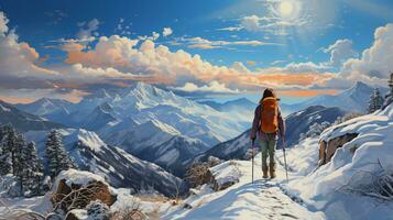 donna turista con un' zaino su un' escursione nel il nevoso montagne, Visualizza a partire dal il indietro foto