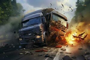 camion su il strada durante un' violento incidente. collage. auto schianto incidente con tir camion su strada, ai generato foto