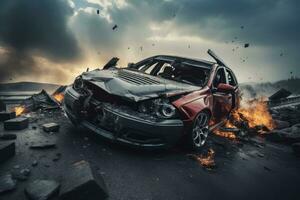 distrutto auto su il strada dopo collisione con un altro macchina. auto schianto pericoloso incidente su il strada, ai generato foto