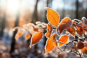 vivace natura ornato con brina coperto luminosa arancia le foglie nel inverno foto