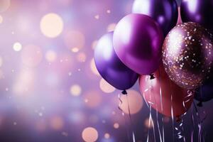 colorato palloncini e coriandoli creare un' bellissimo compleanno atmosfera su viola foto