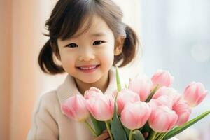 contento madri giorno poco asiatico ragazza Tenere tulipani su rosa sfondo foto