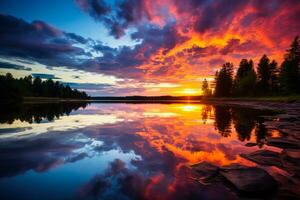 vivace tramonto getto colorato riflessi su sereno lago luccica meravigliosamente foto