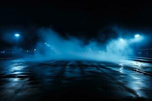 buio vuoto bagnato asfalto Fumo blu neon leggero notte Visualizza foto