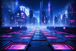 3d interpretazione futuristico cyberpunk città gioco sfondo esports gamer vs neon splendore cartello giocatore sfida foto