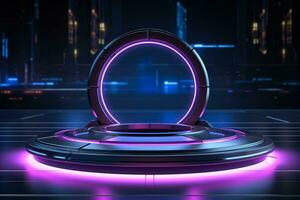 futuristico cyberpunk Schermo con 3d interpretazione e neon splendore In piedi foto